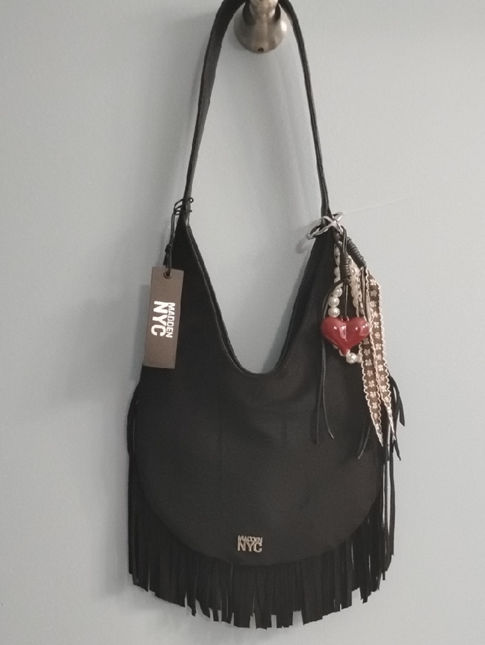 NWT Steve Madden Black Fringe Hobo Bag with Accent Charms